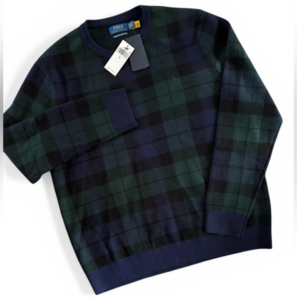 Polo Ralph Lauren Green Navy Scottish Plaid Merino Wool Sweater Size XL NWT